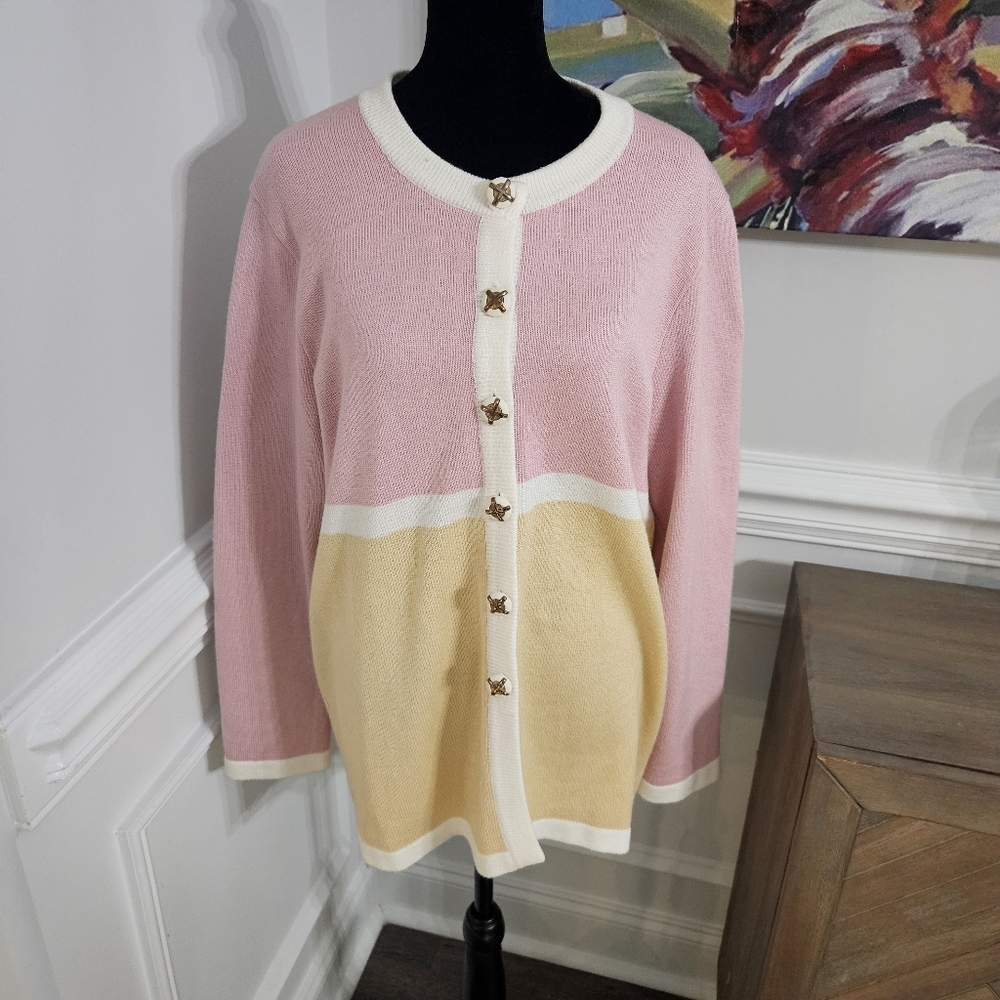 Vintage 80s Spiegel Colorblock Cardigan Sweater Pink Yellow Creme Large Granny